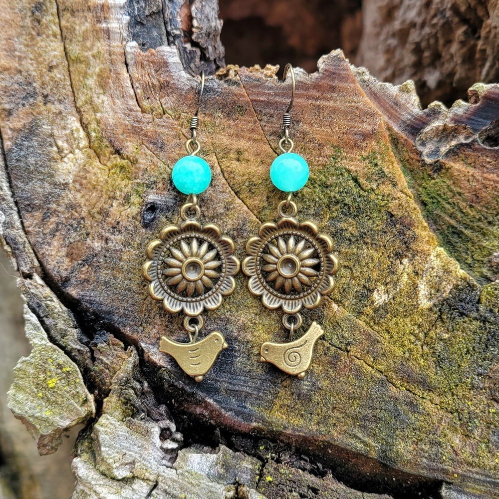 Vintage Antique Bronze and Turquoise Earrings - Picture 4 of 4